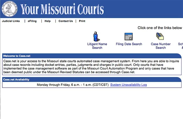 The Case.net search page on the Your Missouri Courts website