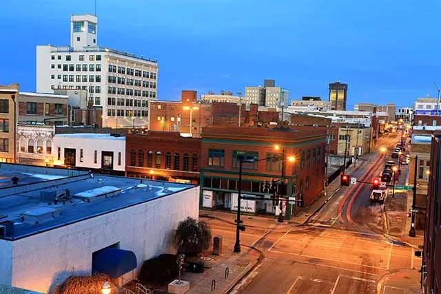 A city street at dusk
