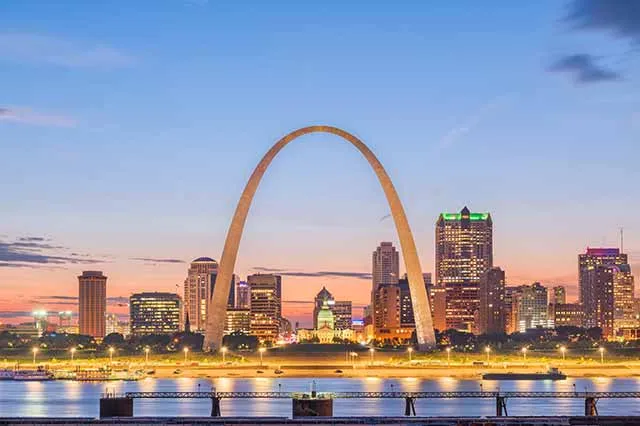 The Gateway Arch and the St. Louis skyline at sunset